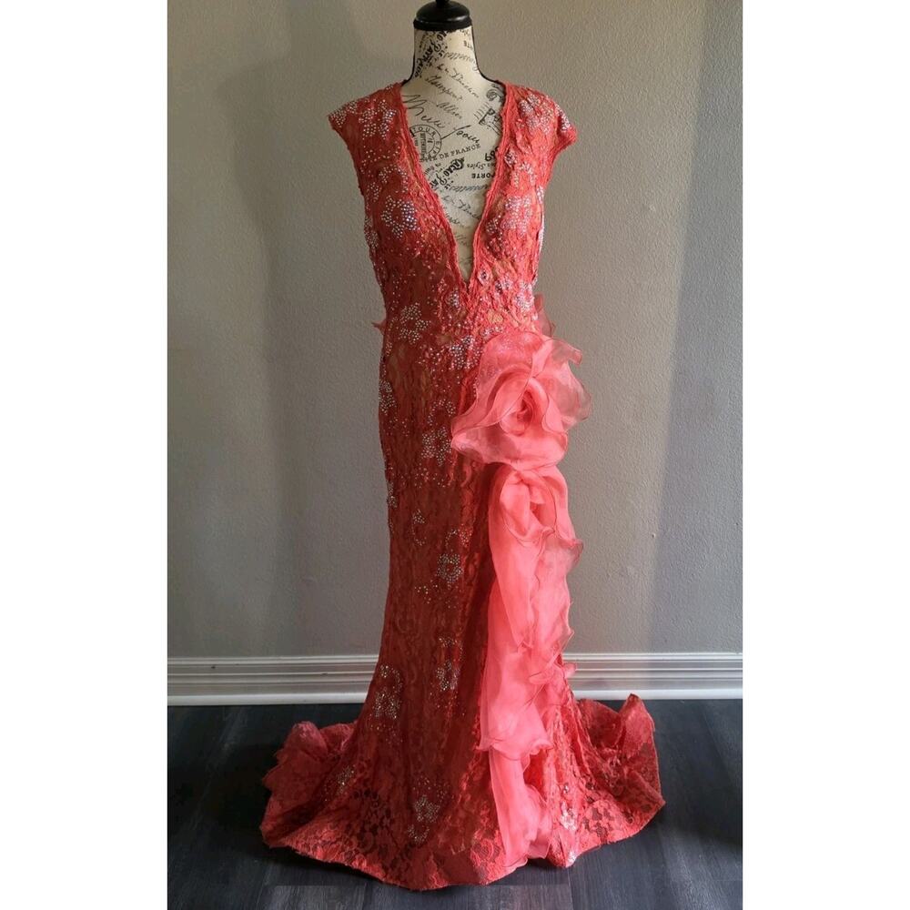 Jovani Coral Lace High Slit Gown Sz 12 Evening Dress Eyelet 38668 Elegant Formal